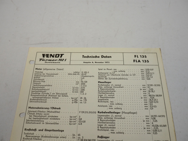 Fendt Farmer 102 S Turbomatik FL FLA 135 Technische Daten Datenblatt 1972