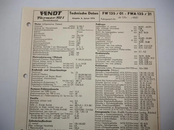 Fendt Farmer 102S Turbomatik FW135 Technische Daten Anzugswerte Datenblatt 1976