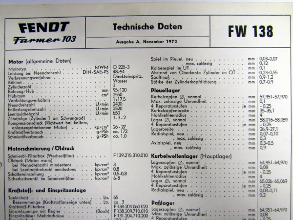 Fendt Farmer 103 FW138 Technische Daten Anzugswerte 1972