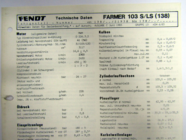Fendt Farmer 103 S LS FW138 Technische Daten 1985