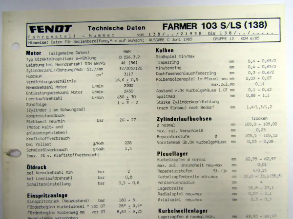 Fendt Farmer 103 S LS FW138 Technische Daten 1985