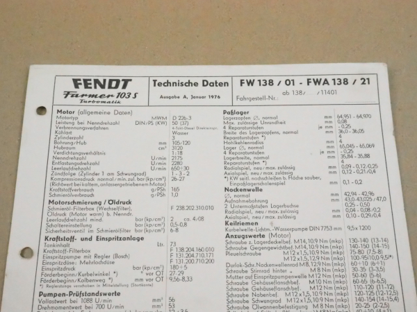 Fendt Farmer 103 S Turbo FW 138 Werkstatt Einstellwerte Technische Daten 1976
