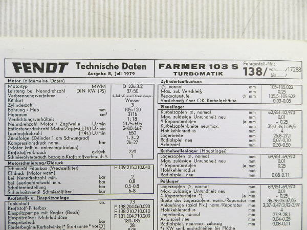Fendt Farmer 103 S Turbomatik 138 Technische Daten Datenblatt 1979
