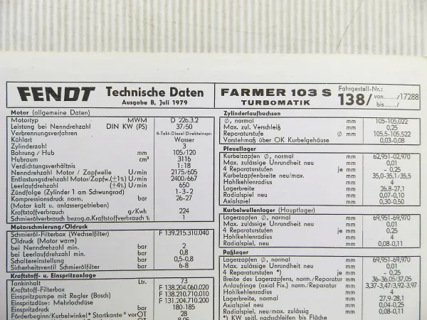 Fendt Farmer 103 S Turbomatik 138 Technische Daten Datenblatt 1979