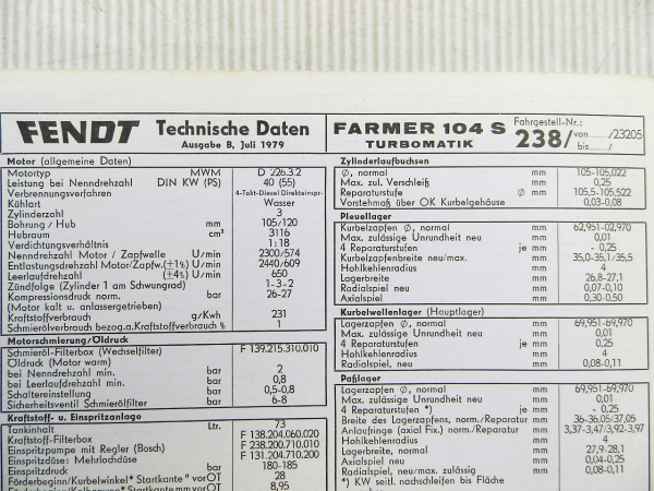 Fendt Farmer 104 S Turbomatik FW 238 Technische Daten 1979