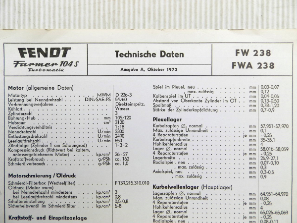 Fendt Farmer 104 S Turbomatik FW FWA 238 Anzugswerte Technische Daten 1972