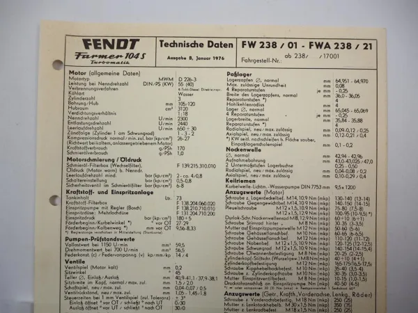 Fendt Farmer 104S Turbomatik FW238 Technische Daten Anzugswerte Datenblatt 1976