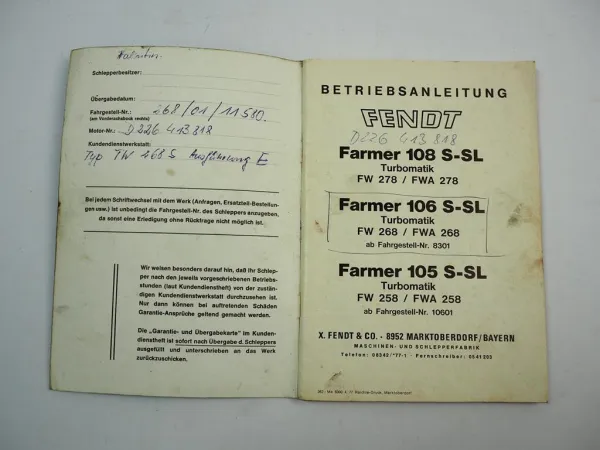 Fendt Farmer 105 106 108 S-SL Turbomatik Betriebsanleitung Bedienung 1977