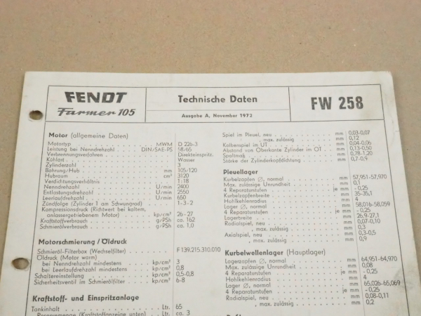 Fendt Farmer 105 FW 258 Werkstatt Einstellwerte Technische Daten 1972