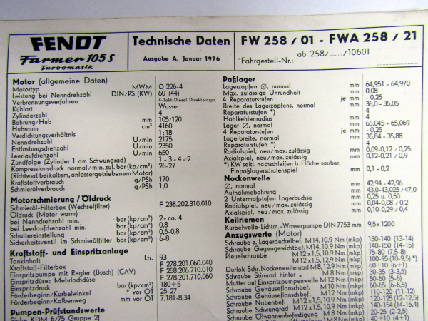Fendt Farmer 105 S Turbomatik FW FWA 258 Technische Daten Anzugswerte 1976