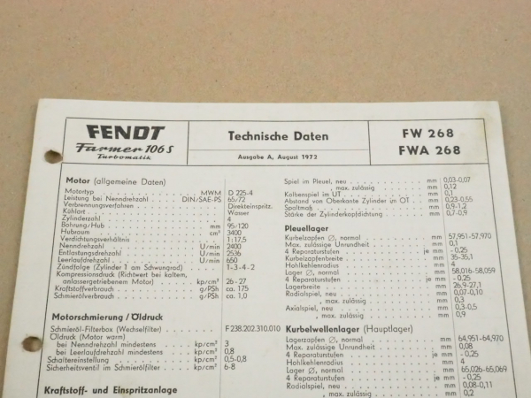 Fendt Farmer 106 S Turbo FW A 268 Werkstatt Einstellwerte Technische Daten 1972