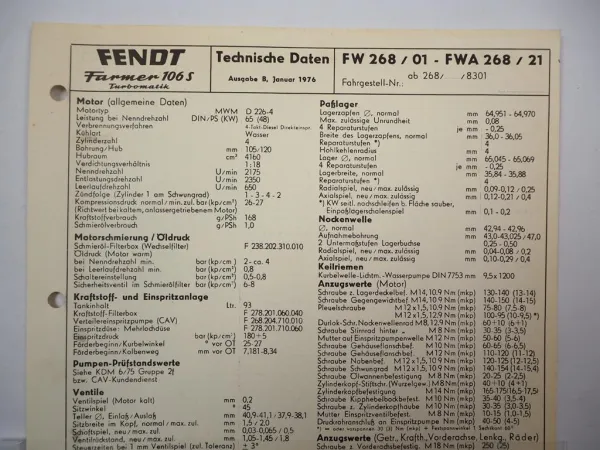 Fendt Farmer 106S Turbomatik FW268 Technische Daten Anzugswerte Datenblatt 1976