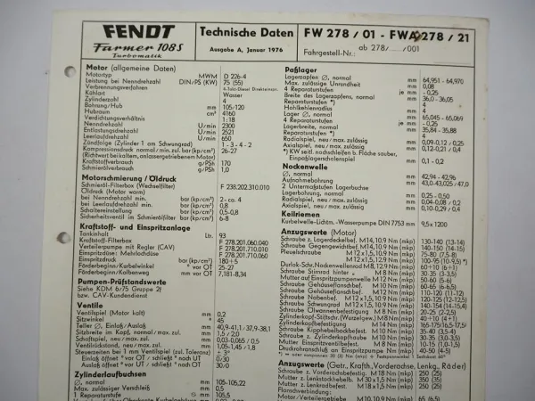 Fendt Farmer 108S Turbomatik FW278 Technische Daten Anzugswerte Datenblatt 1976