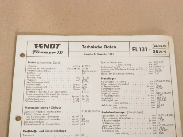 Fendt Farmer 1D FL 131 Werkstatt Einstellwerte Technische Daten 1972
