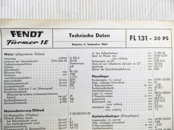 Fendt Farmer 1E FL 131 - 30 PS Technische Daten Anzugswerte Datenblatt 1969