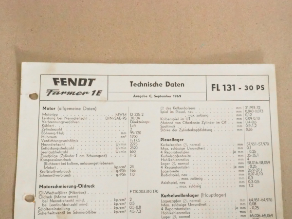 Fendt Farmer 1E FL 131 Werkstatt Einstellwerte Technische Daten 1969