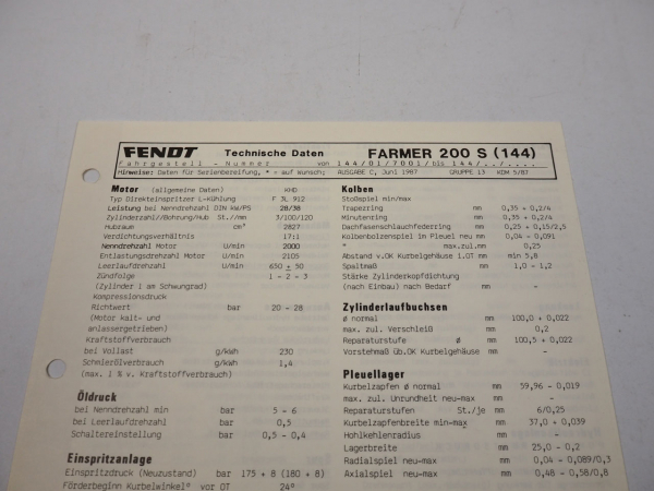 Fendt Farmer 200 S 144 Werkstatt Datenblatt Anzugswerte Technische Daten 1987