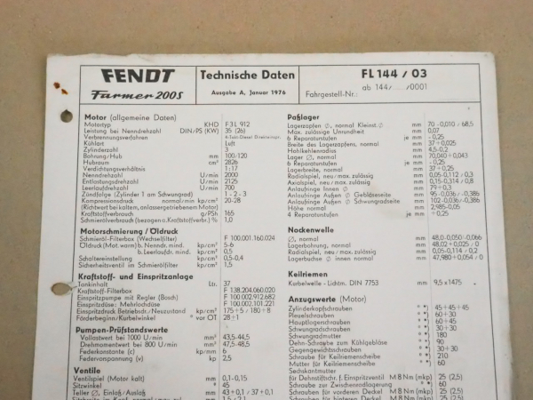 Fendt Farmer 200 S FL144 / 03 Werkstatt Einstellwerte Technische Daten 1976