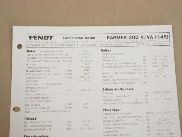 Fendt Farmer 200 V/VA (145) Werkstatt Einstellwerte Technische Daten 1987