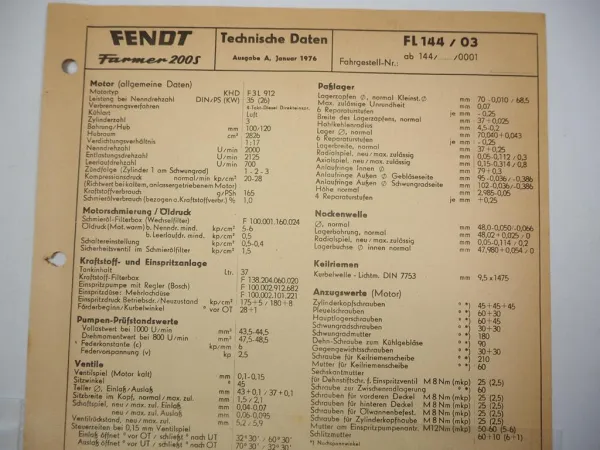 Fendt Farmer 200S FL 144/03 Technische Daten Anzugswerte Datenblatt 1976