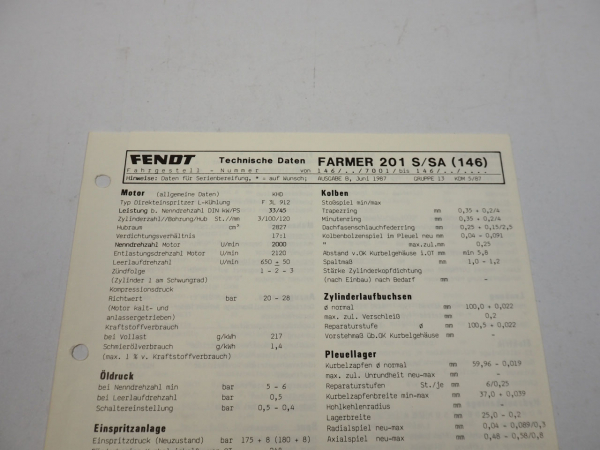 Fendt Farmer 201 S SA 146 Werkstatt Datenblatt Anzugswerte Technische Daten 1987