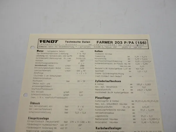 Fendt Farmer 203 P PA 156 Werkstatt Datenblatt Anzugswerte Technische Daten 1987