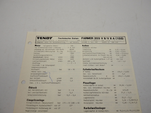 Fendt Farmer 203 V II V II A 156 Datenblatt Anzugswerte Technische Daten 1987