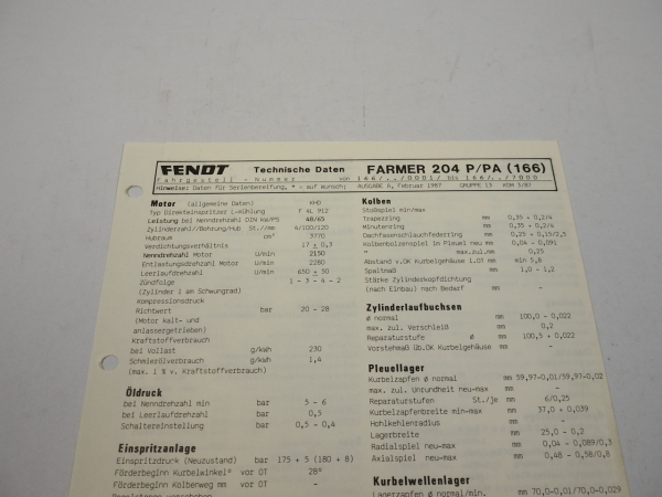 Fendt Farmer 204 P PA 166 Werkstatt Datenblatt Anzugswerte Technische Daten 1987