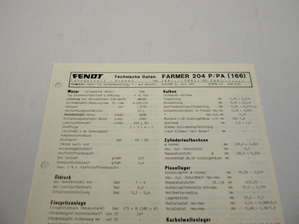 Fendt Farmer 204 P PA 166 Werkstatt Datenblatt Anzugswerte Technische Daten 1987