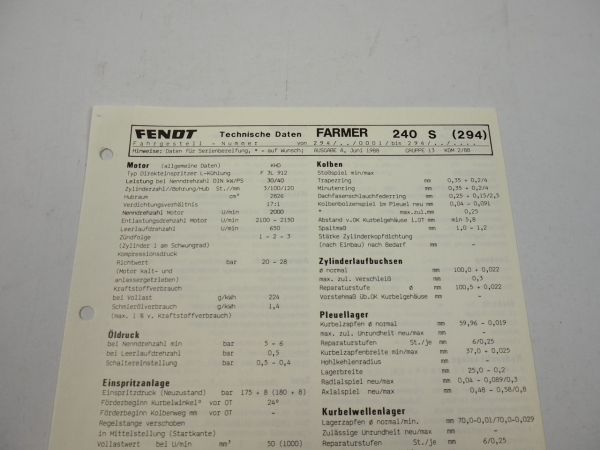Fendt Farmer 240 S 294 Werkstatt Datenblatt Anzugswerte Technische Daten 1988