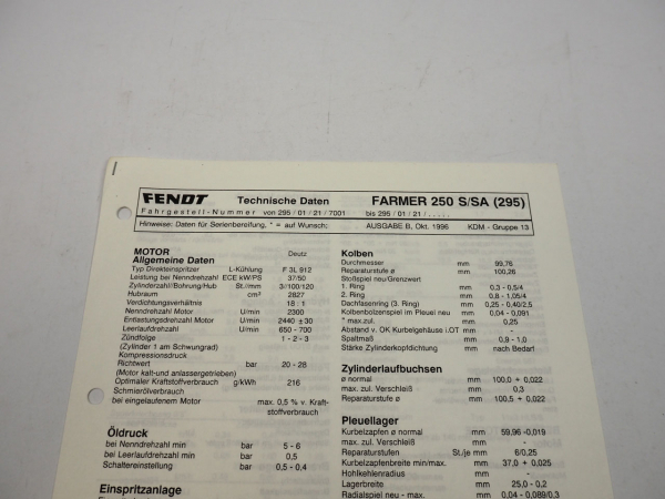 Fendt Farmer 250 S SA 295 Werkstatt Datenblatt Anzugswerte Technische Daten 1996