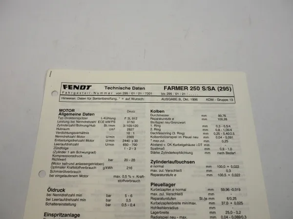 Fendt Farmer 250 S SA 295 Werkstatt Datenblatt Anzugswerte Technische Daten 1996