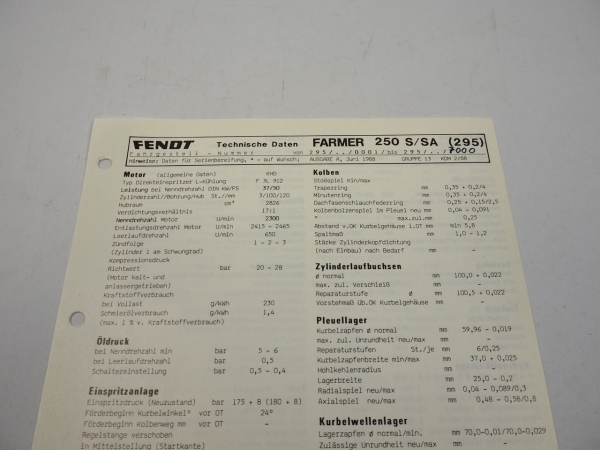 Fendt Farmer 250 S SA Werkstatt Datenblatt Anzugswerte Technische Daten 1988