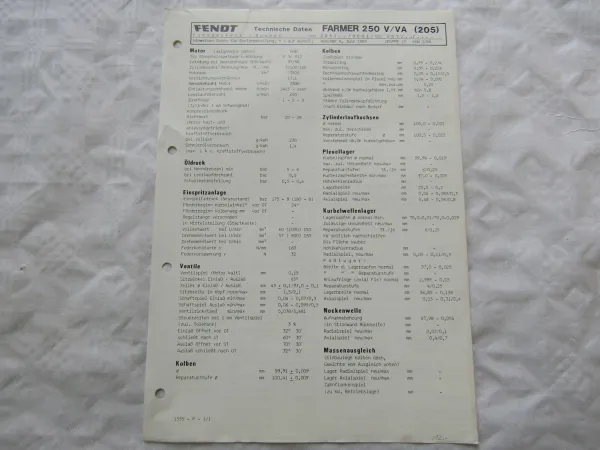 Fendt Farmer 250 V VA (205) Werkstatt Datenblatt 6/1988 Technische Daten