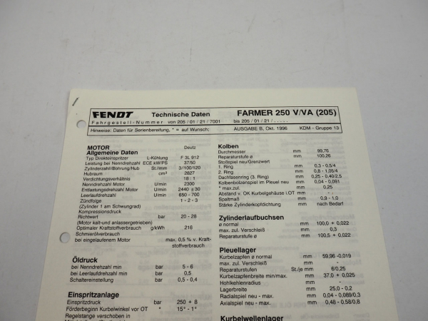 Fendt Farmer 250 V VA 205 Werkstatt Datenblatt Anzugswerte Technische Daten 1996