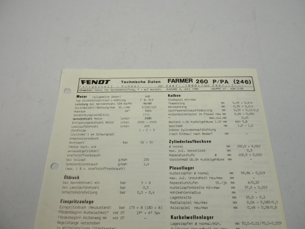 Fendt Farmer 260 P PA 246 Werkstatt Datenblatt Anzugswerte Technische Daten 1988
