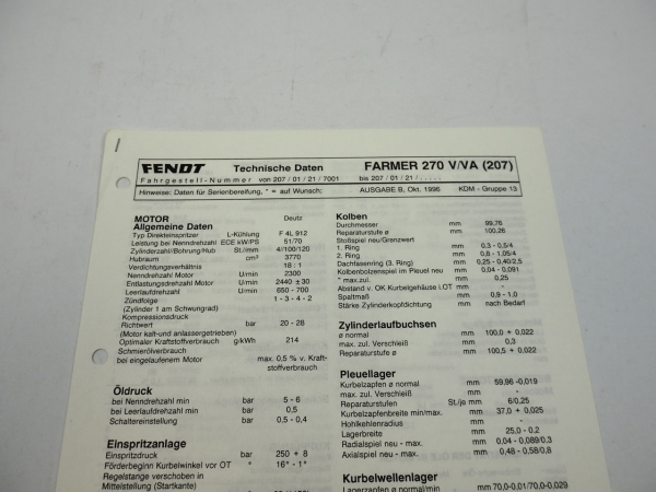 Fendt Farmer 270 V VA 207 Werkstatt Datenblatt Anzugswerte Technische Daten 1996