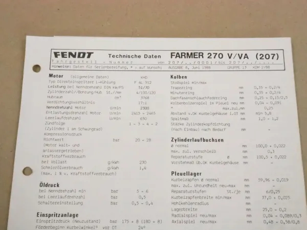 Fendt Farmer 270 V / VA 207 Werkstatt Einstellwerte Technische Daten 1988