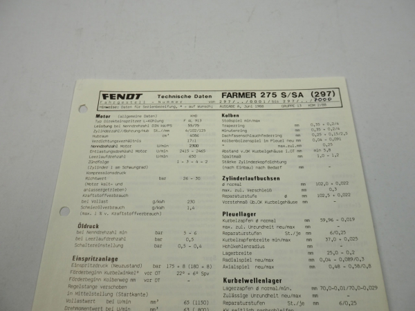 Fendt Farmer 275 S SA 297 Werkstatt Datenblatt Anzugswerte Technische Daten 1988