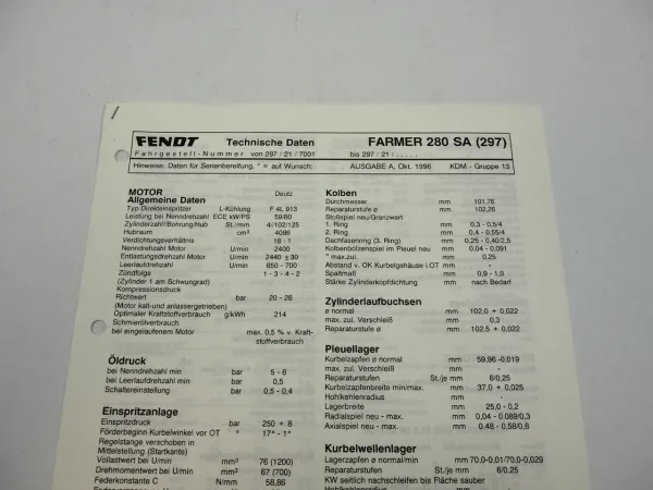 Fendt Farmer 280 SA 297 Werkstatt Datenblatt Anzugswerte Technische Daten 1996