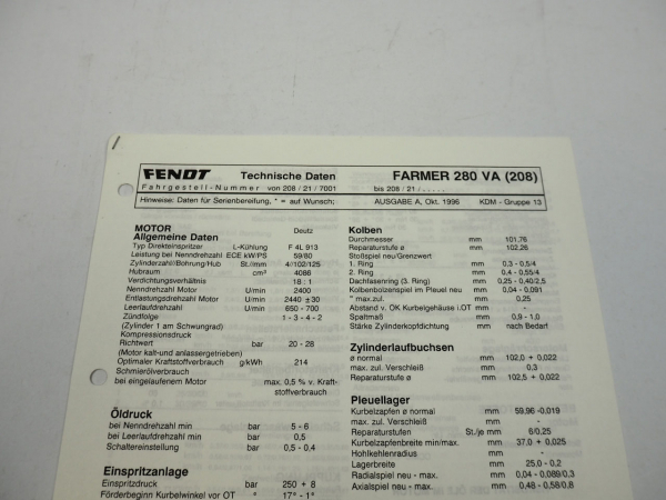 Fendt Farmer 280 VA 208 Werkstatt Datenblatt Anzugswerte Technische Daten 1996