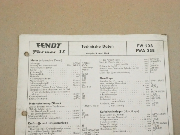 Fendt Farmer 3 S Turbo FW 238 Werkstatt Einstellwerte Technische Daten 1969