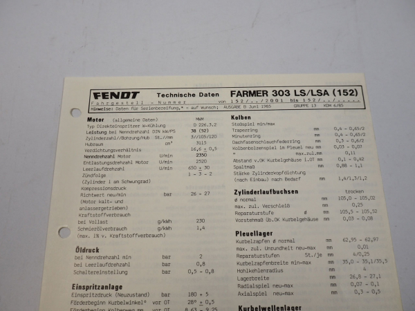 Fendt Farmer 303 LS LSA 152 Datenblatt 1995 Anzugswerte Technische Daten