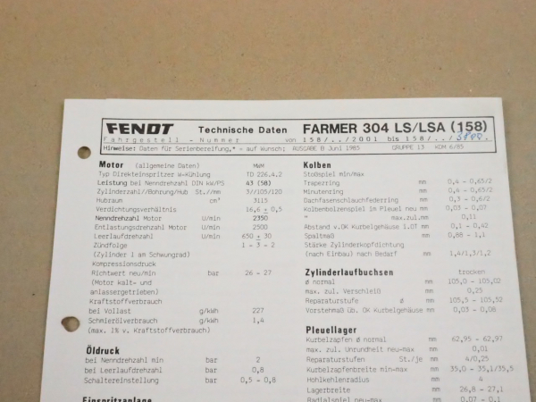Fendt Farmer 304 LS LSA 158 Werkstatt Einstellwerte Technische Daten 1985