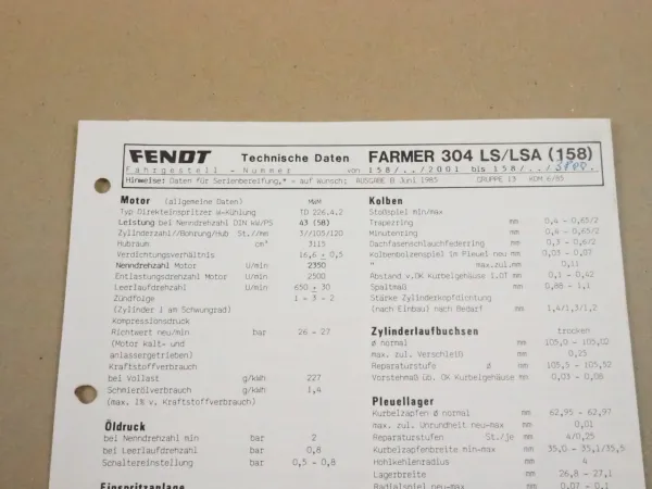 Fendt Farmer 304 LS LSA 158 Werkstatt Einstellwerte Technische Daten 1985