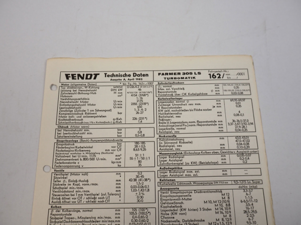 Fendt Farmer 305 LS 162 Turbomatik Datenblatt 1982 Anzugswerte Technische Daten