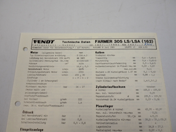 Fendt Farmer 305 LS LSA 162 Datenblatt Anzugswerte Technische Daten 1985