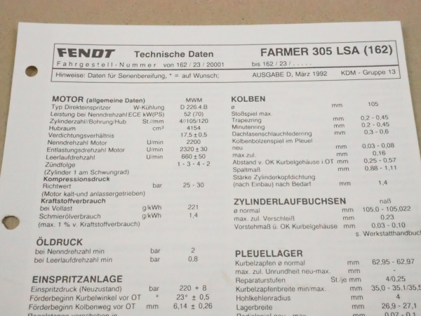 Fendt Farmer 305 LSA 162 Werkstatt Einstellwerte Technische Daten 1992