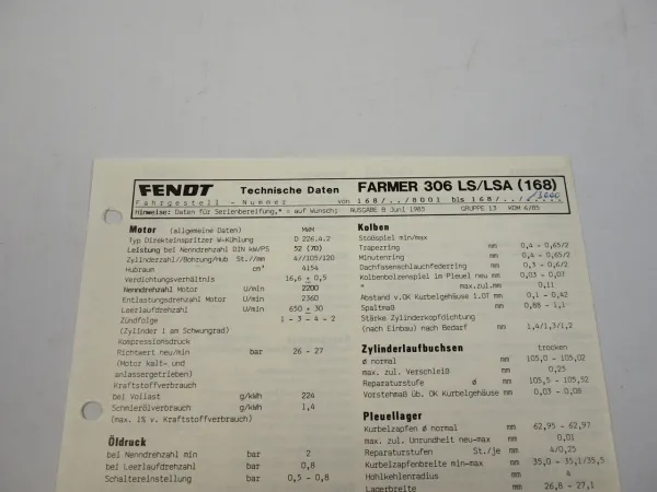 Fendt Farmer 306 LS LSA 168 Datenblatt Anzugswerte Technische Daten 1985