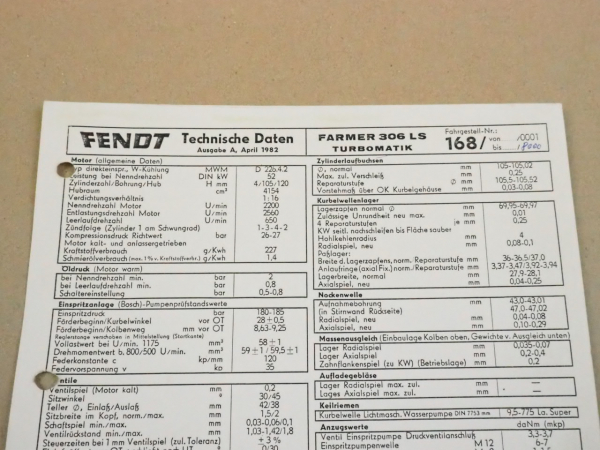 Fendt Farmer 306 LS Turbomatik168 Werkstatt Einstellwerte Technische Daten 1982